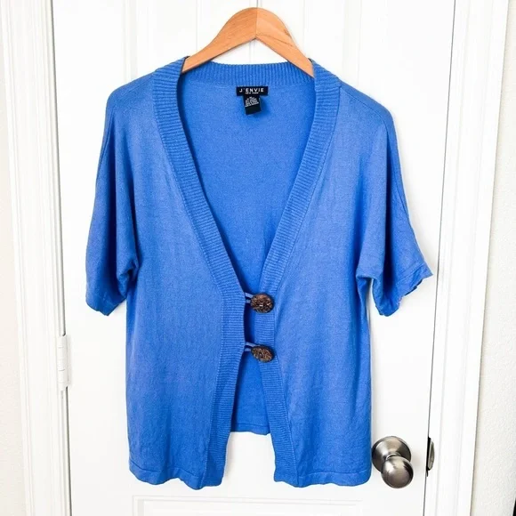 J’Envie New York Short Sleeve Blue Button Cardigan Size Medium - Picture 1 of 2